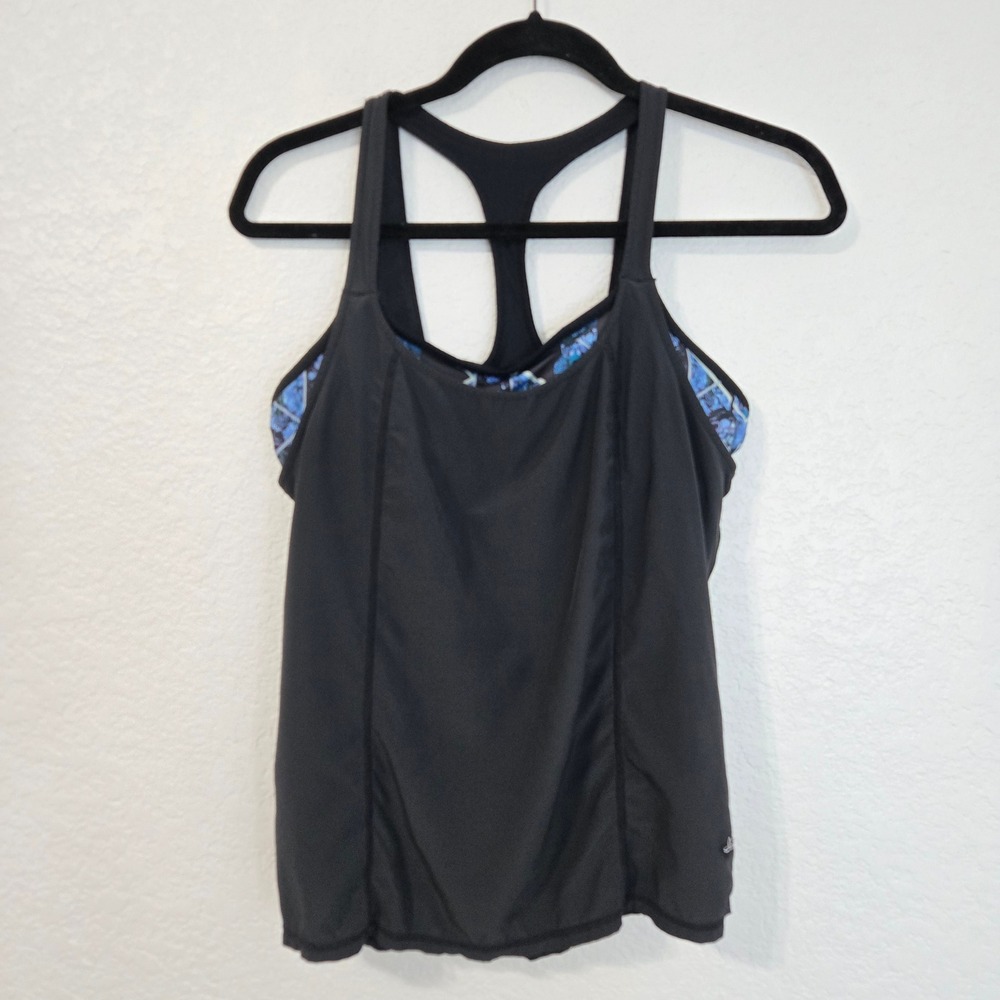 Prana Womens Racerback Tank Top Black Blue Printed Shelf Bra Yoga Shirt Size S